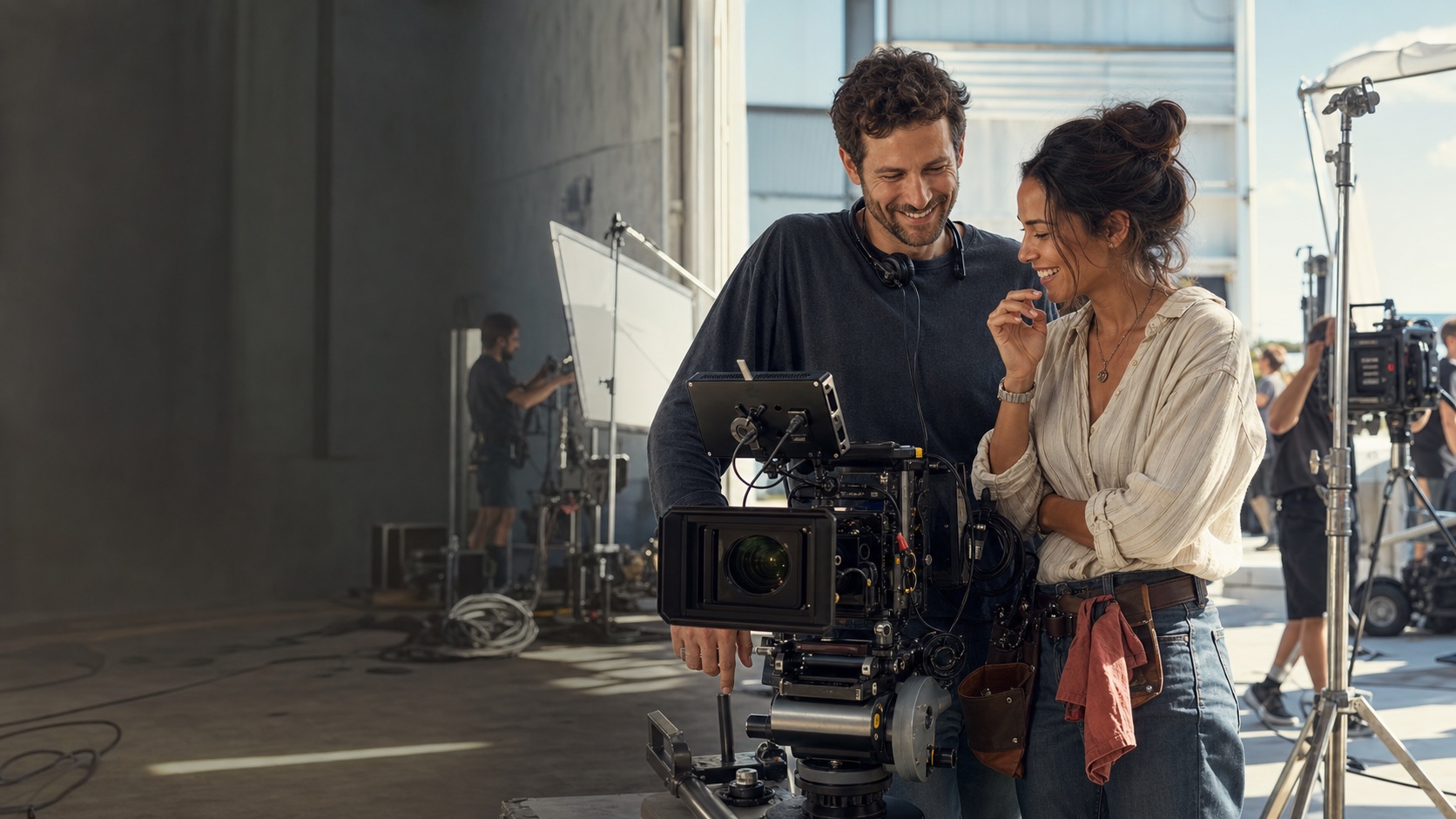 Two production professionals sharing a light moment beside a cinema camera on a daytime set